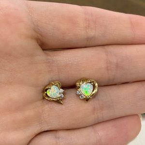 Vintage 10k Gold Heart Stud Earring set with heart shaped opals and 2 diamonds